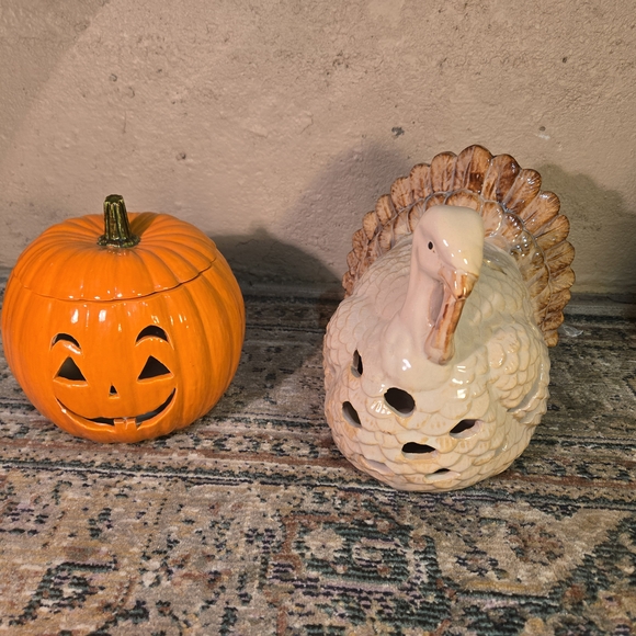 Orange Pumpkin and Cream Turkey Candle Holders - Picture 1 of 12